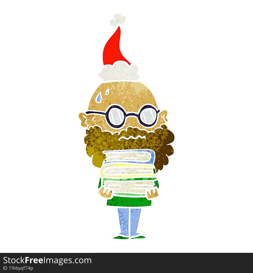 retro cartoon of a worried man with beard and stack of books wearing santa hat