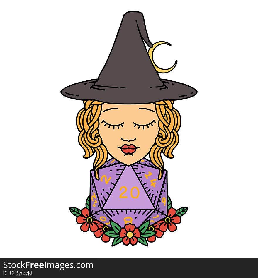 human witch with natural twenty dice roll illustration