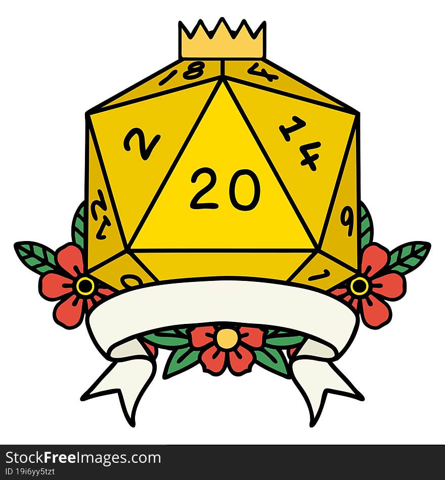 Retro Tattoo Style natural 20 critical hit D20 dice roll. Retro Tattoo Style natural 20 critical hit D20 dice roll