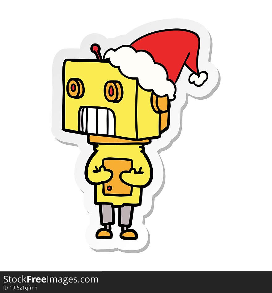 Sticker Cartoon Of A Robot Wearing Santa Hat