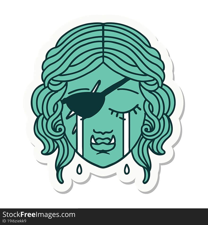 sticker of a crying half orc rogue character face. sticker of a crying half orc rogue character face