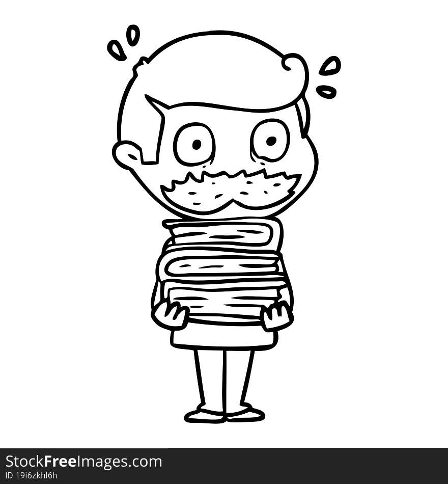 cartoon man with mustache and books. cartoon man with mustache and books