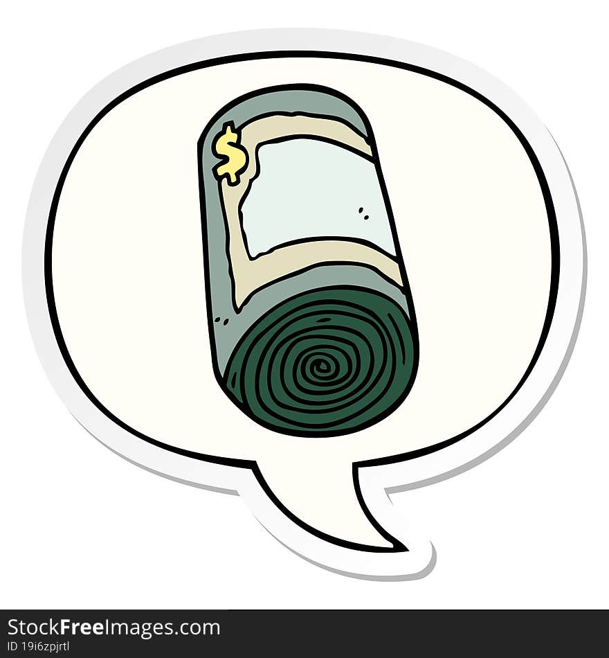 cartoon roll of money and speech bubble sticker