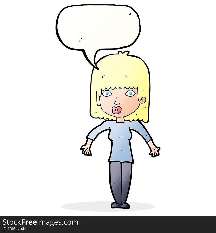 cartoon woman shrugging with speech bubble