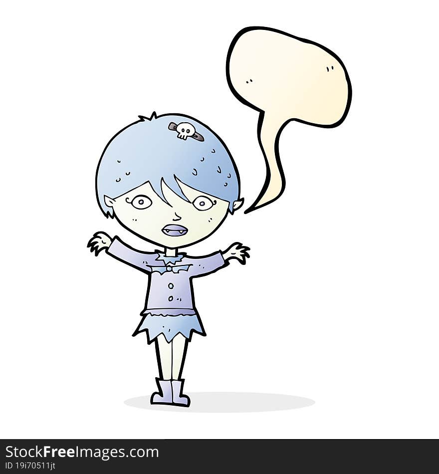 cartoon waving vampire girl with speech bubble