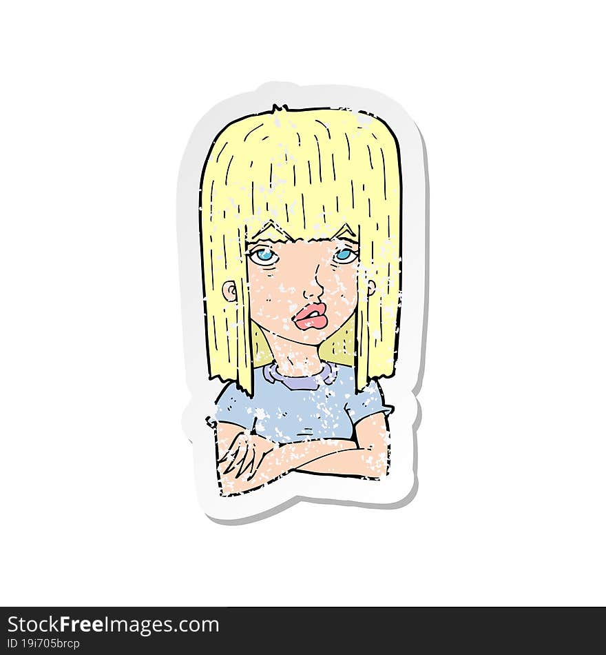 retro distressed sticker of a cartoon girl with folded arms