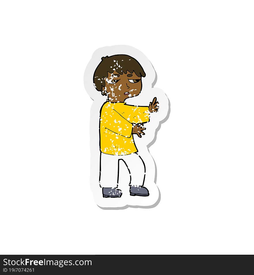 retro distressed sticker of a cartoon man gesturing