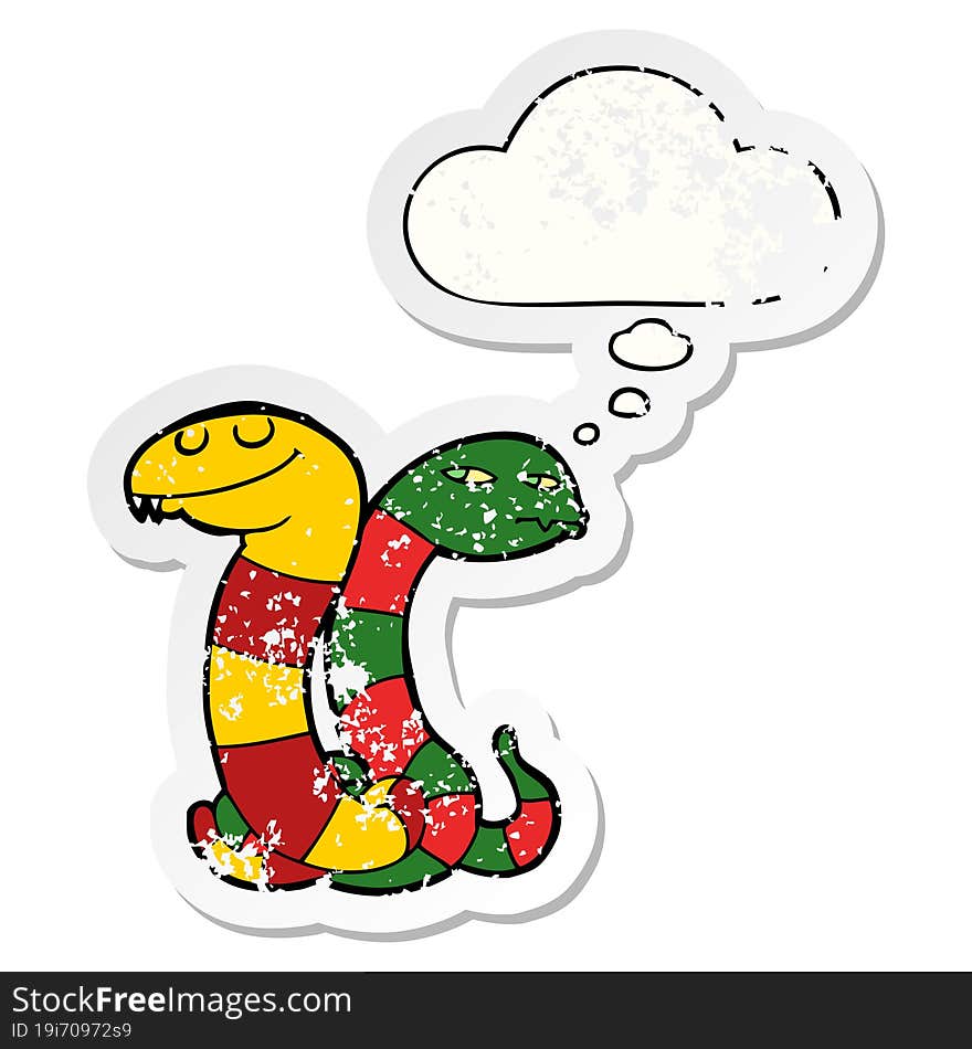 cartoon snakes with thought bubble as a distressed worn sticker