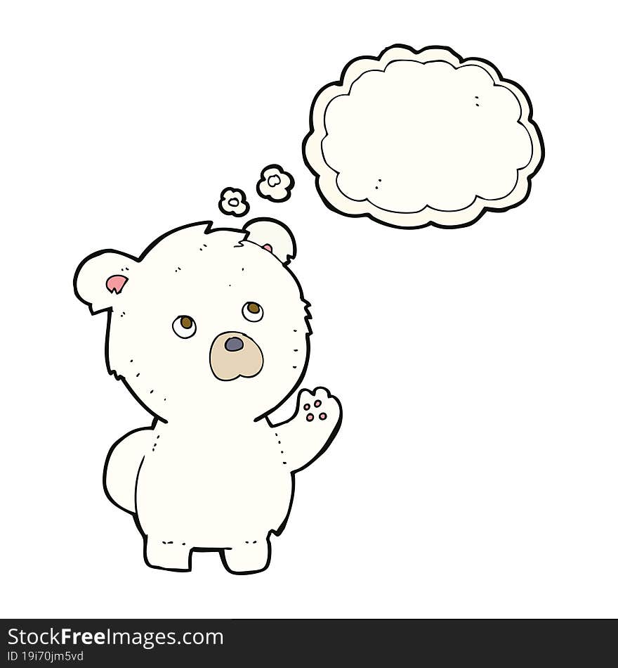 cartoon waving polar bear with thought bubble