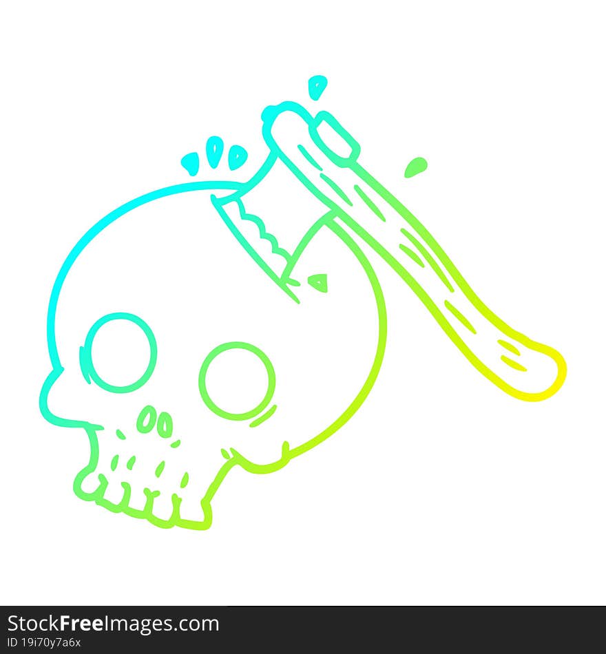 cold gradient line drawing cartoon axe in skull