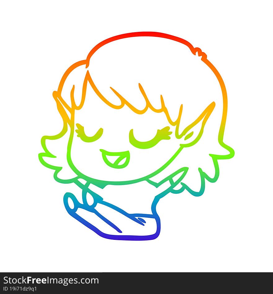 rainbow gradient line drawing happy cartoon elf girl sitting