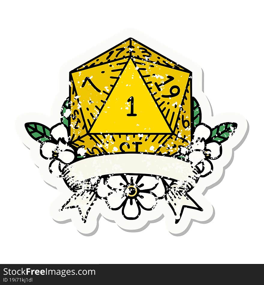 Retro Tattoo Style natural one d20 dice roll. Retro Tattoo Style natural one d20 dice roll