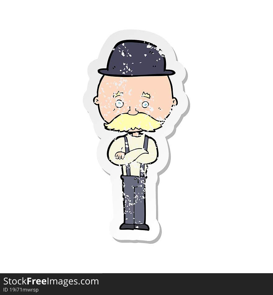 retro distressed sticker of a cartoon man wearing bowler hat