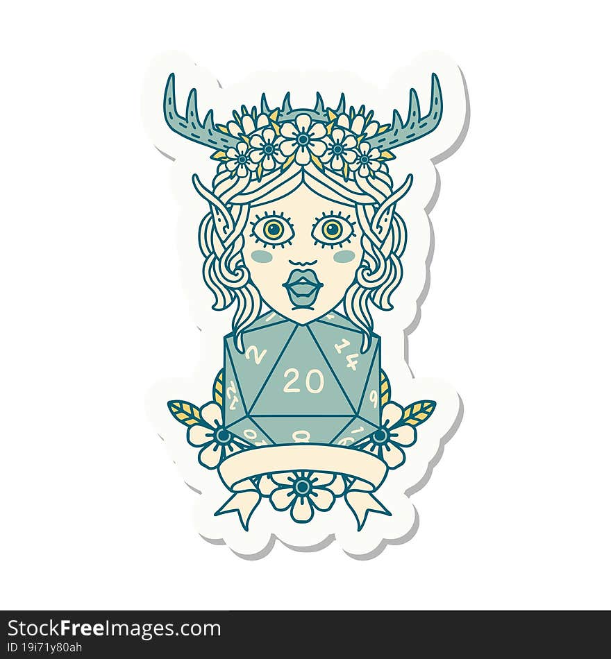 sticker of a elf druid character with natural 20 dice roll. sticker of a elf druid character with natural 20 dice roll