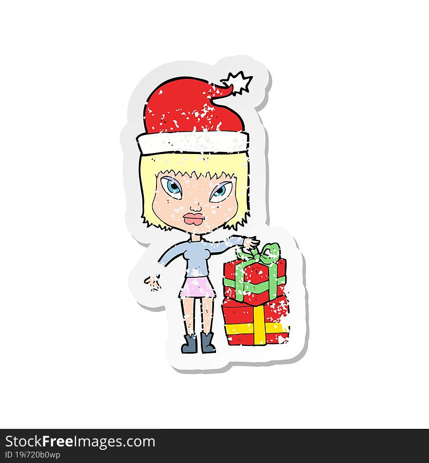 retro distressed sticker of a cartoon woman with present