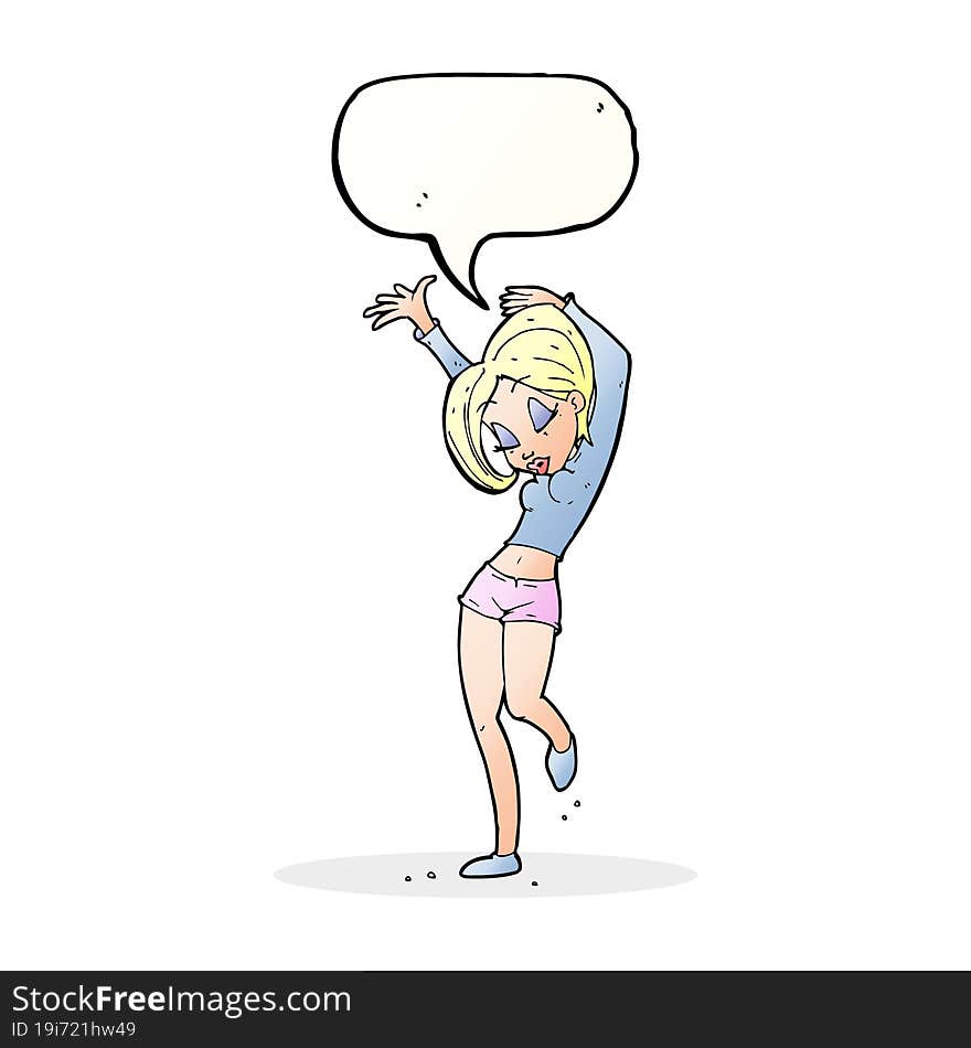 cartoon pretty woman dancing with speech bubble