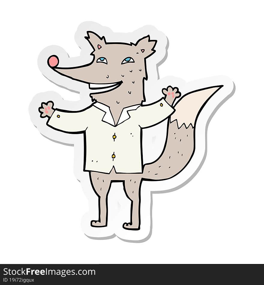 sticker of a cartoon happy wolf wearing shirt