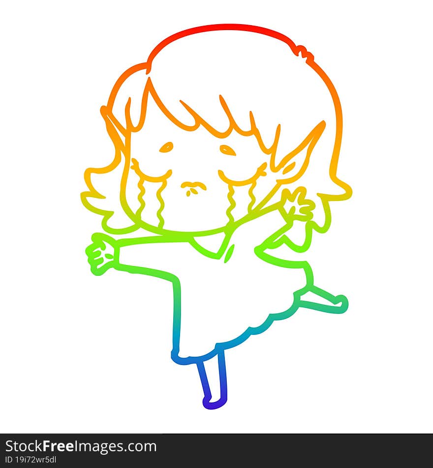 rainbow gradient line drawing of a cartoon crying elf girl