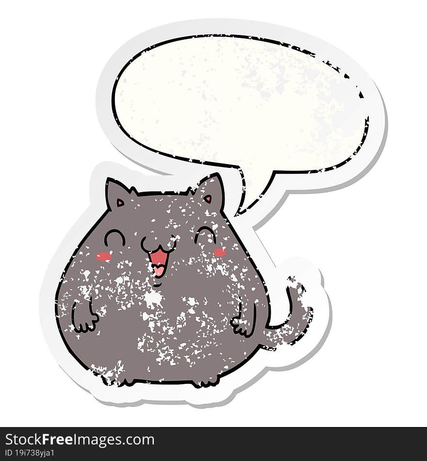 cartoon cat with speech bubble distressed distressed old sticker. cartoon cat with speech bubble distressed distressed old sticker