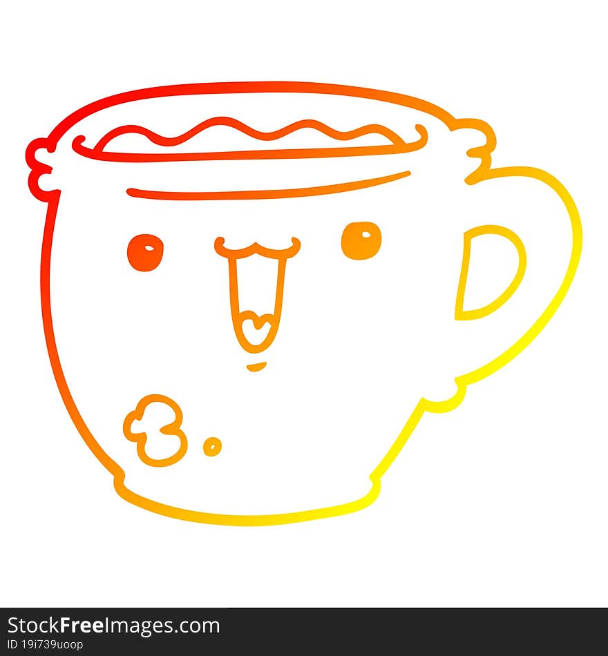 warm gradient line drawing of a cute cartoon coffee cup