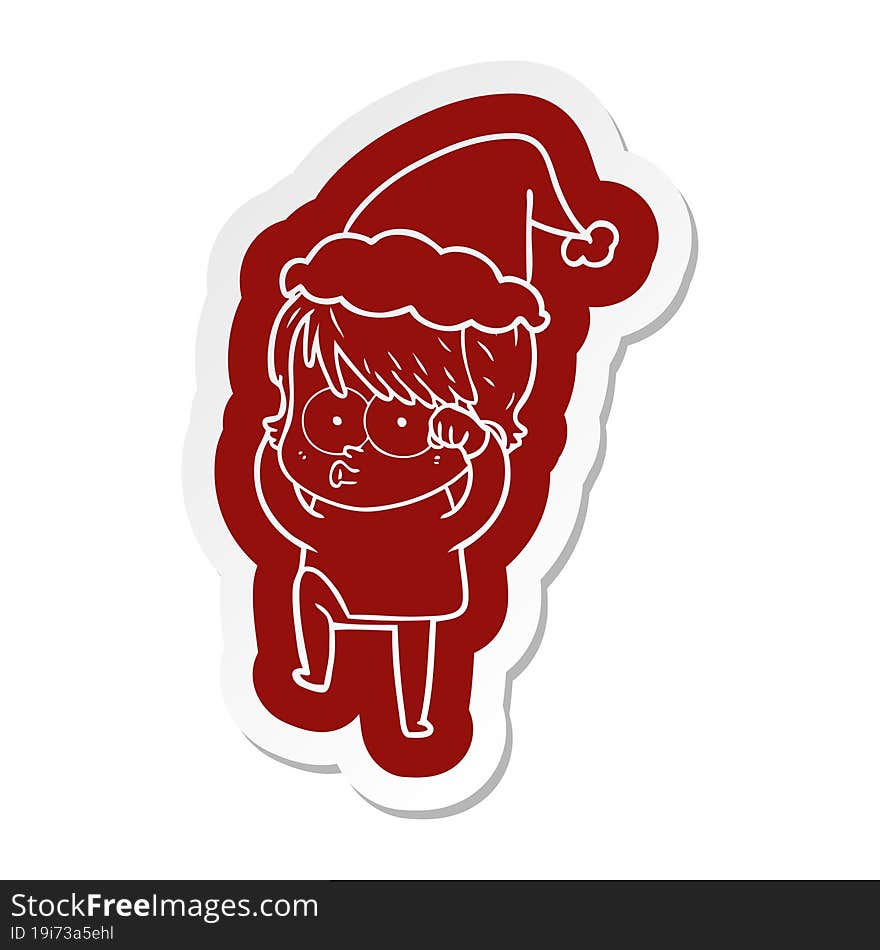 quirky cartoon  sticker of a woman wearing santa hat