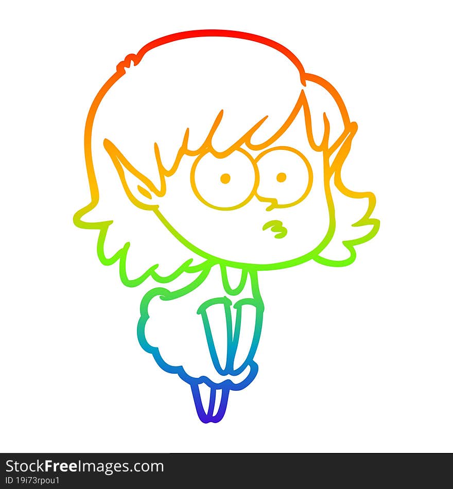 Rainbow Gradient Line Drawing Cartoon Elf Girl Staring