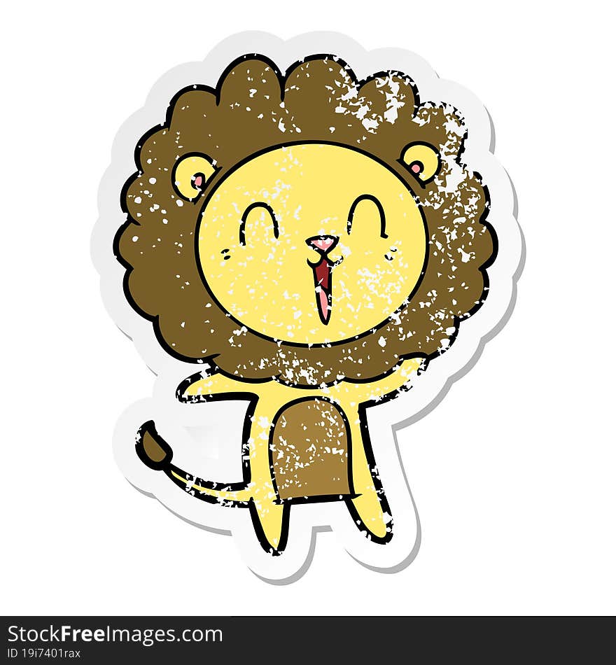 distressed sticker of a laughing lion cartoon