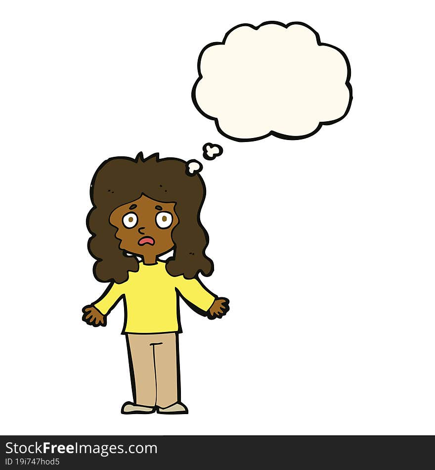 cartoon worried woman with thought bubble