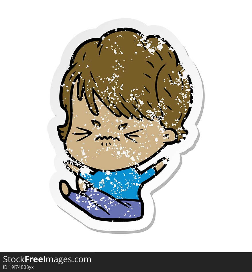 distressed sticker of a cartoon frustrated woman