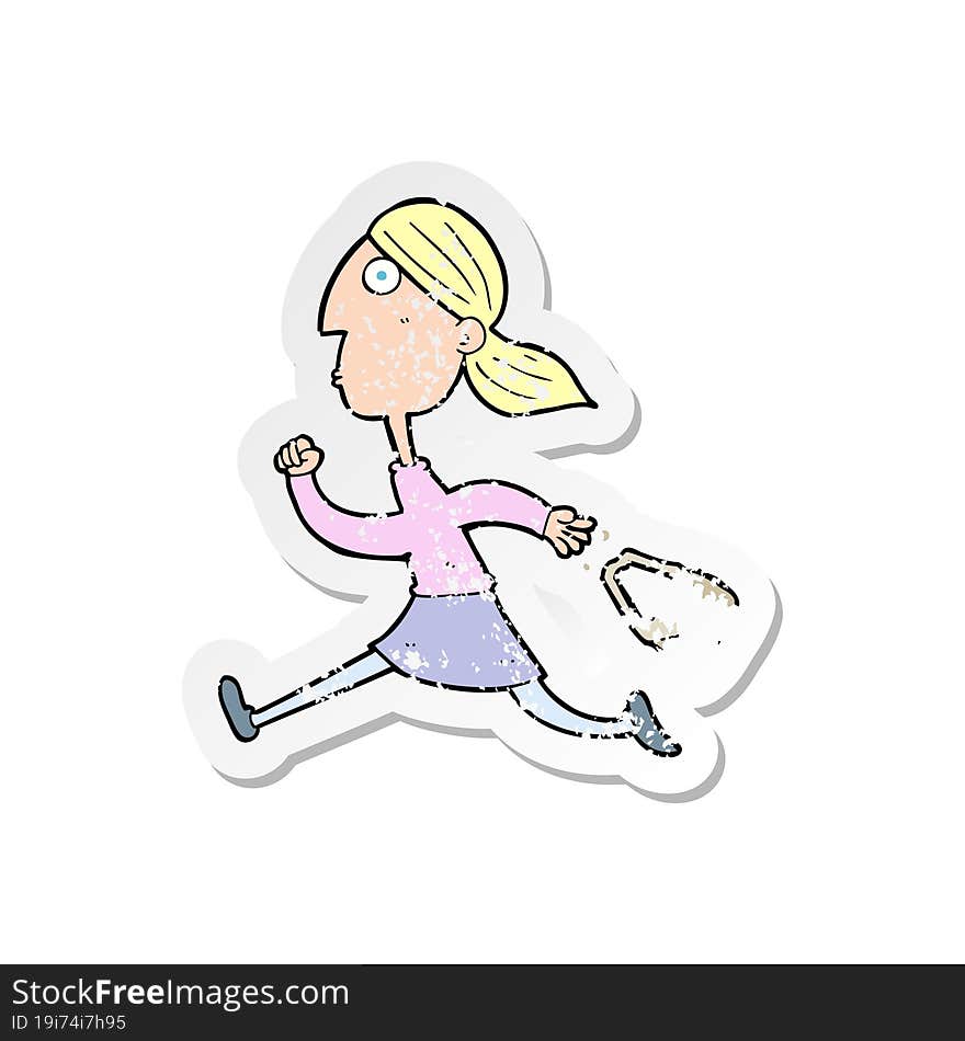 retro distressed sticker of a cartoon running woman stressed