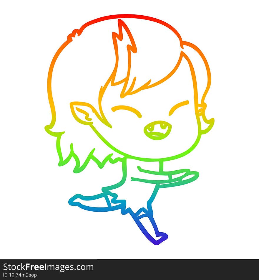 rainbow gradient line drawing of a cartoon laughing vampire girl running