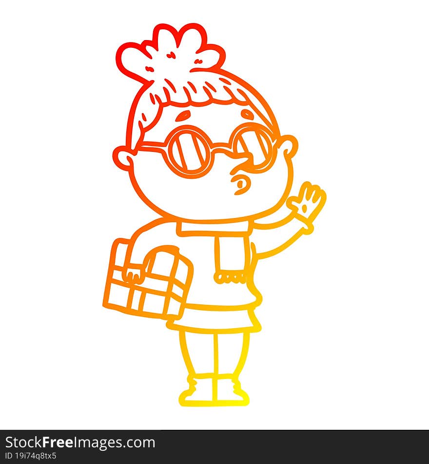 Warm Gradient Line Drawing Cartoon Woman Wearing Glasses