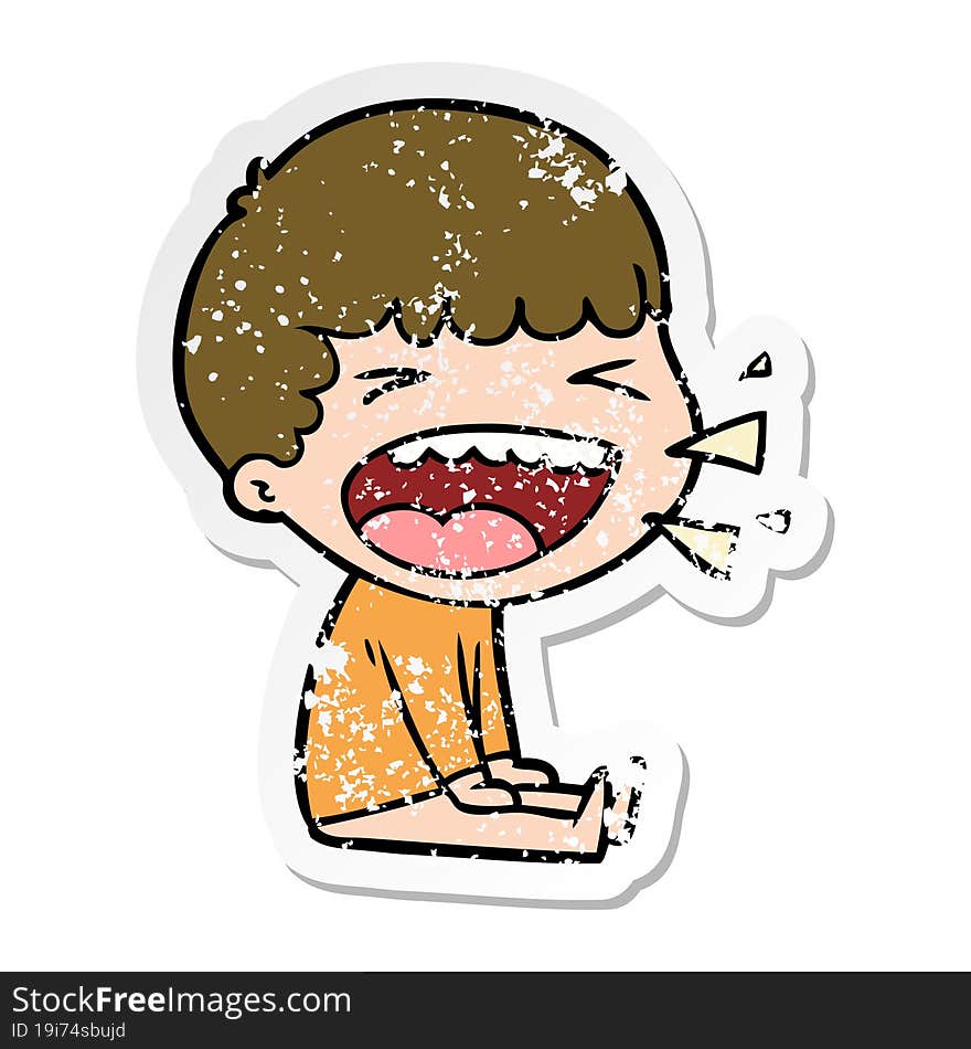 distressed sticker of a cartoon laughing man