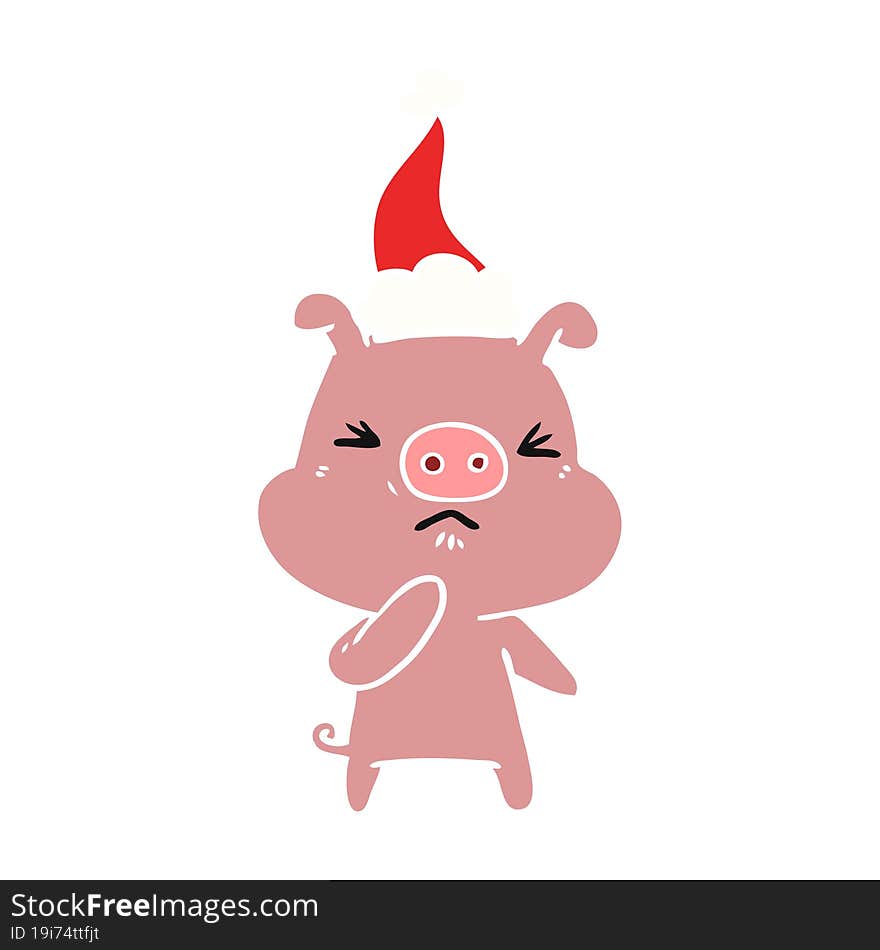 flat color illustration of a angry pig wearing santa hat