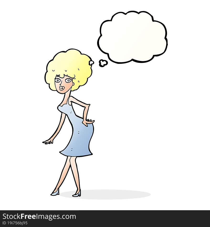 cartoon woman posing in dress with thought bubble