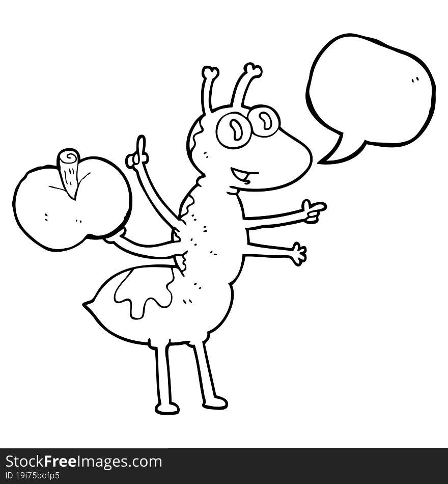 freehand drawn speech bubble cartoon ant with apple