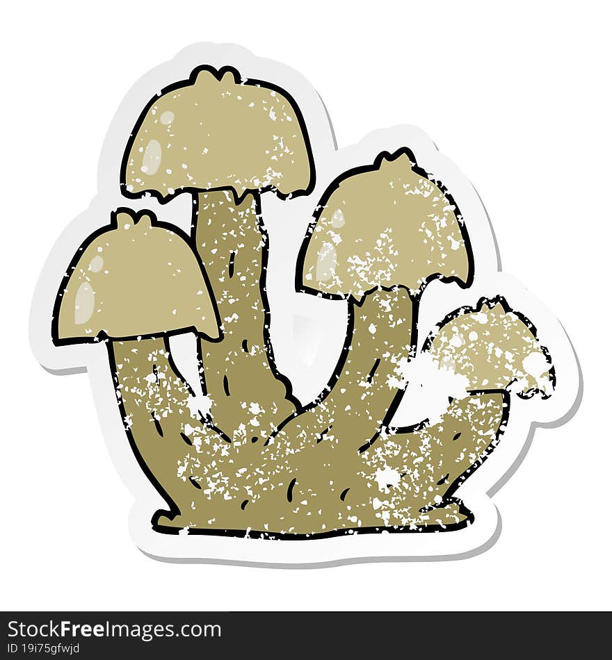 distressed sticker of a cartoon mushrooms