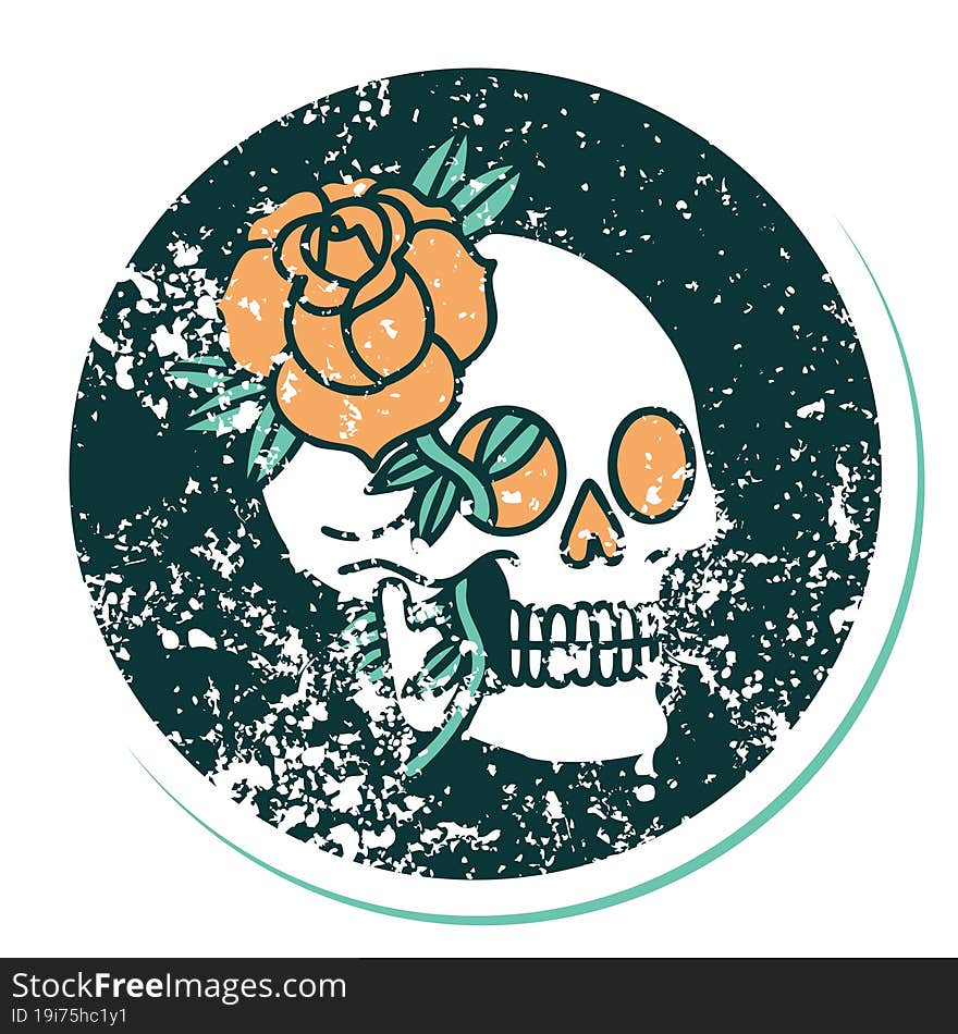 iconic distressed sticker tattoo style image of a skull and rose. iconic distressed sticker tattoo style image of a skull and rose