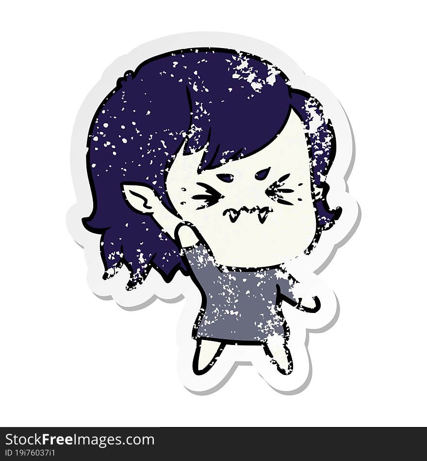 distressed sticker of a annoyed cartoon vampire girl