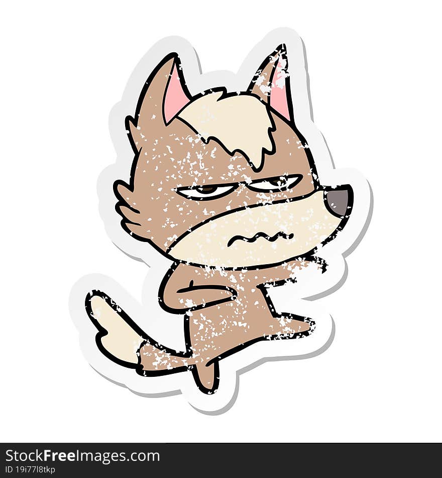 distressed sticker of a cartoon annoyed wolf