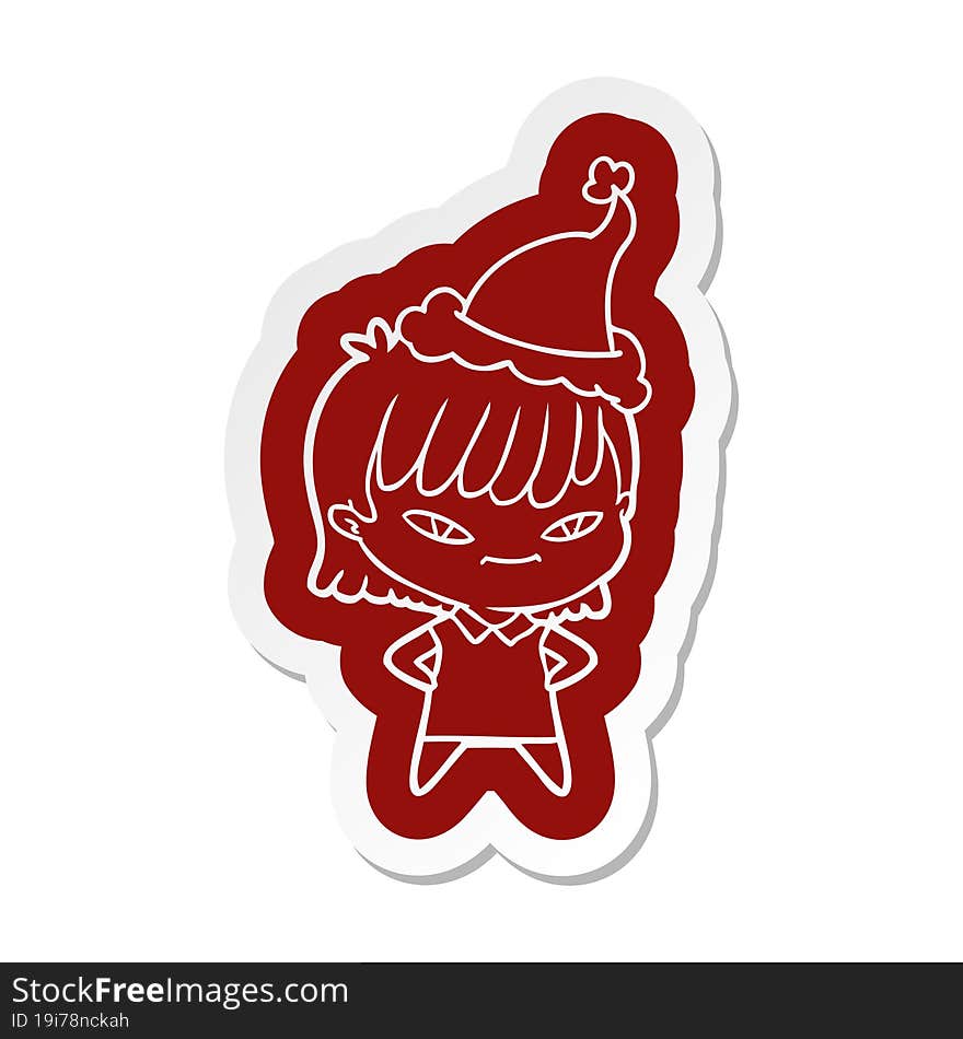 quirky cartoon  sticker of a woman wearing santa hat