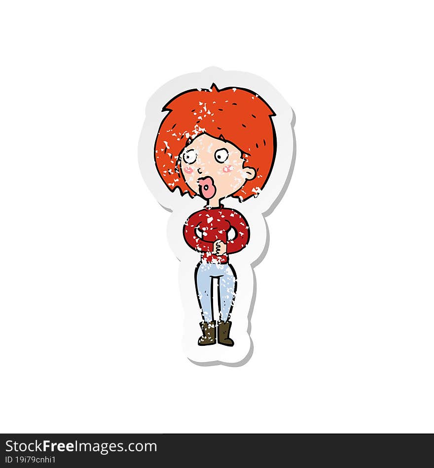 Retro Distressed Sticker Of A Cartoon Surprised Woman