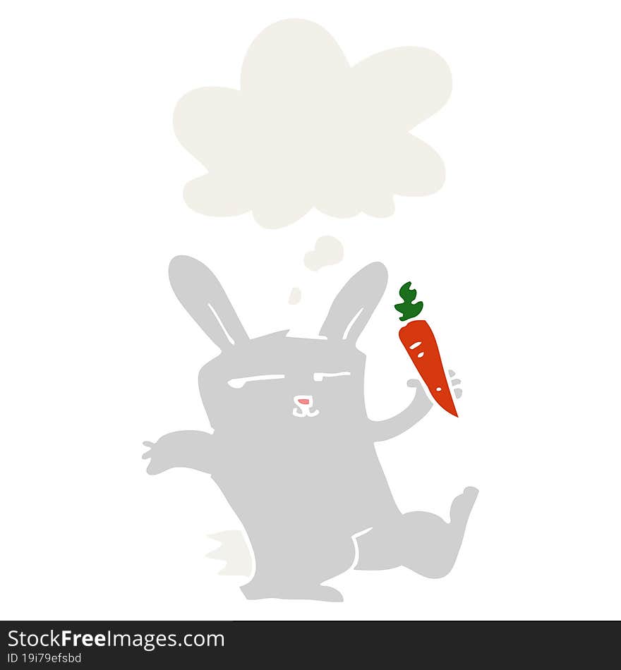 cartoon rabbit with carrot and thought bubble in retro style