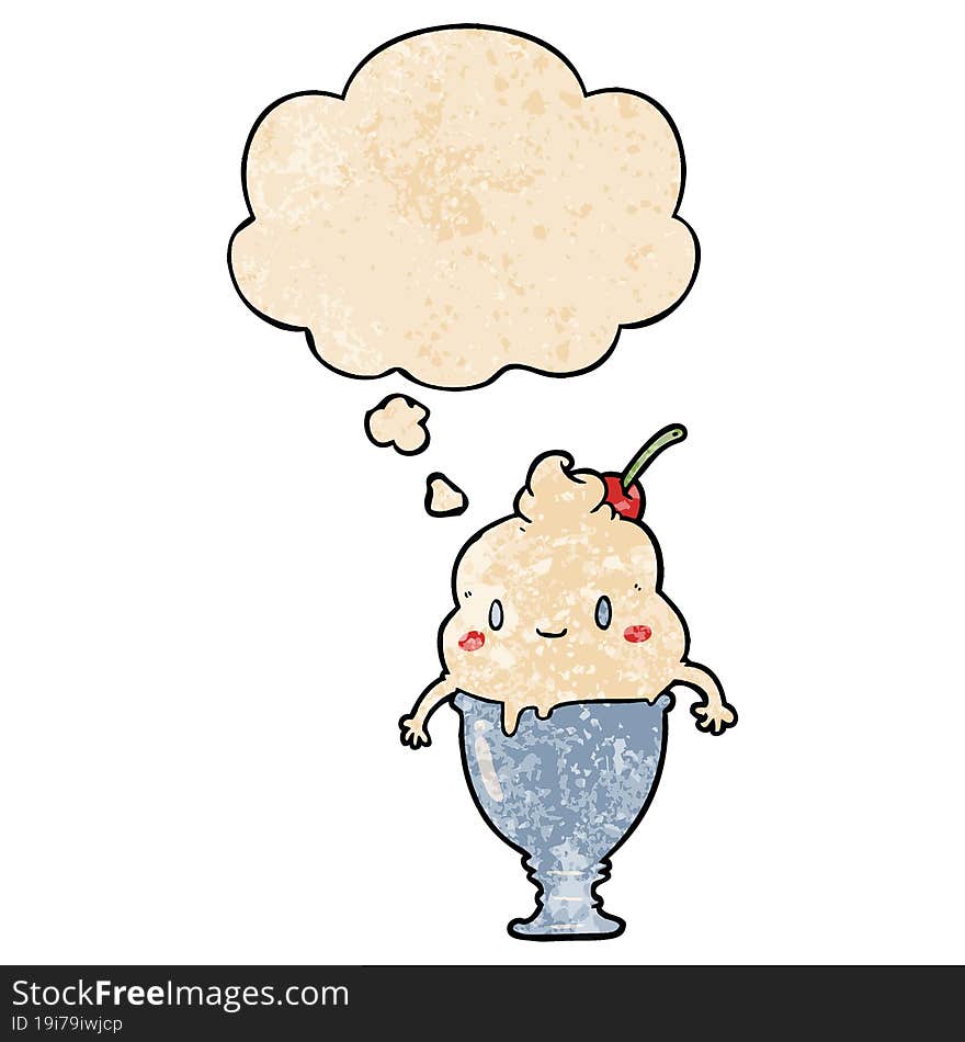 Cute Cartoon Ice Cream And Thought Bubble In Grunge Texture Pattern Style