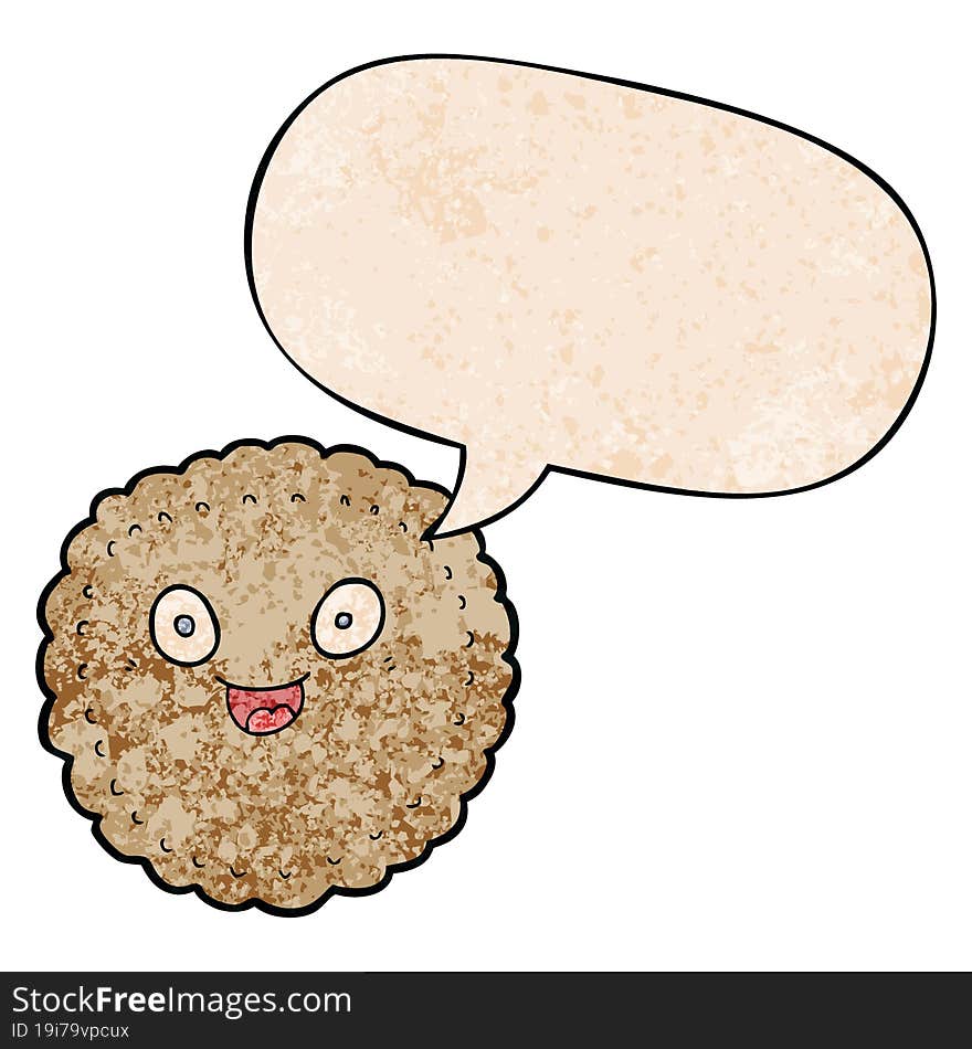 cartoon biscuit and speech bubble in retro texture style