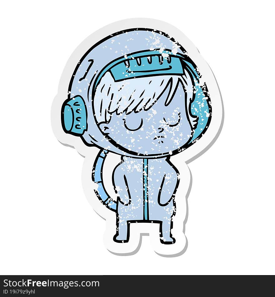 distressed sticker of a cartoon astronaut woman