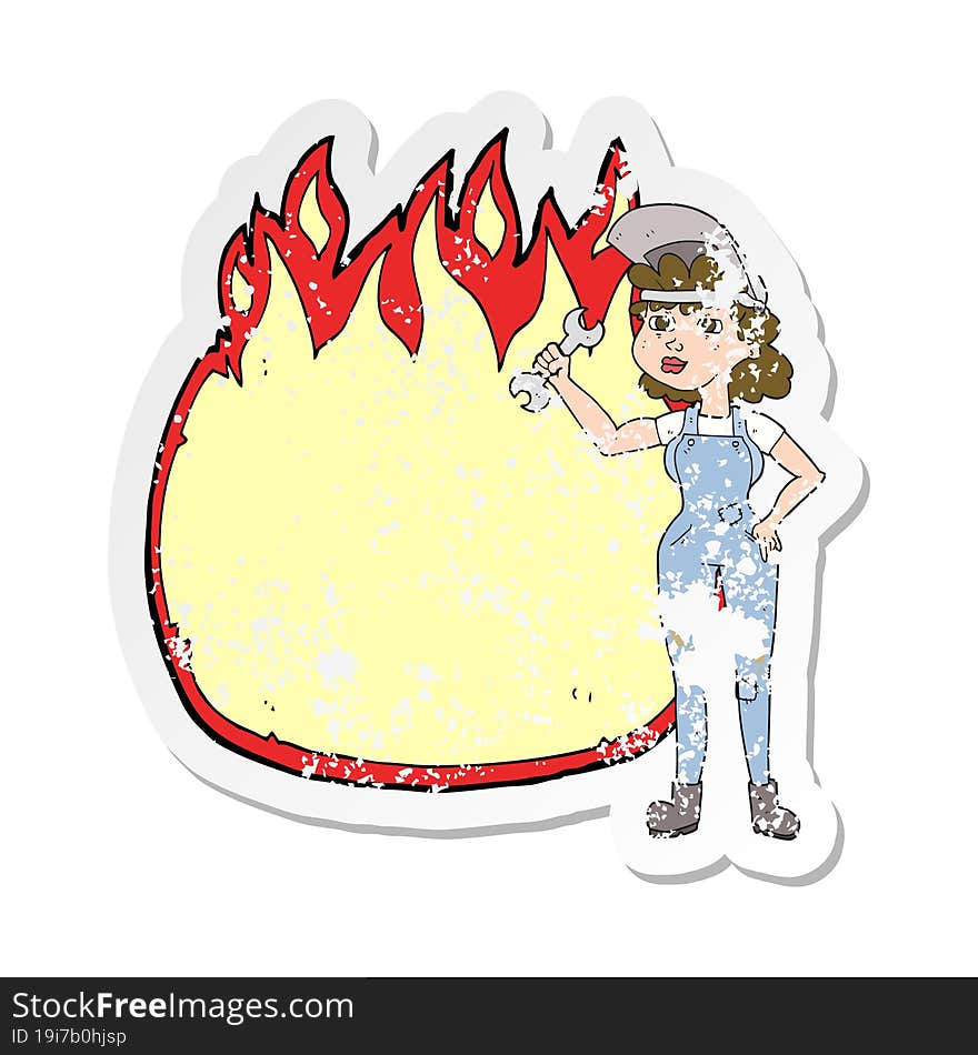 retro distressed sticker of a cartoon woman with spanner