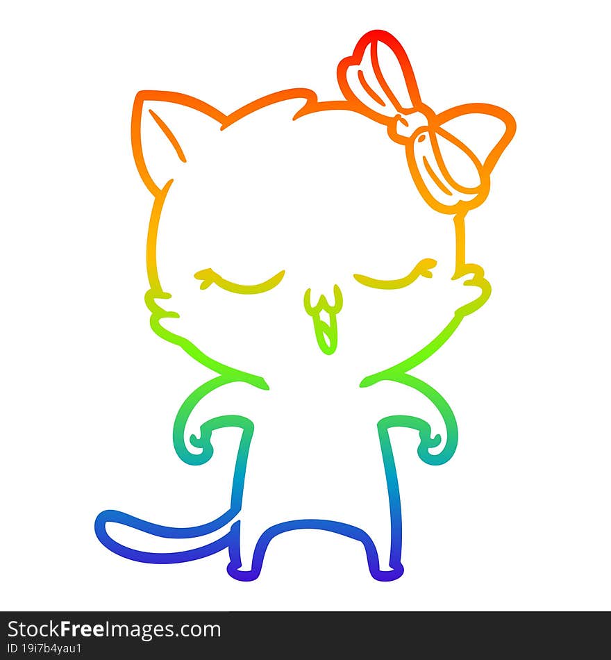 rainbow gradient line drawing cartoon cat with bow on head