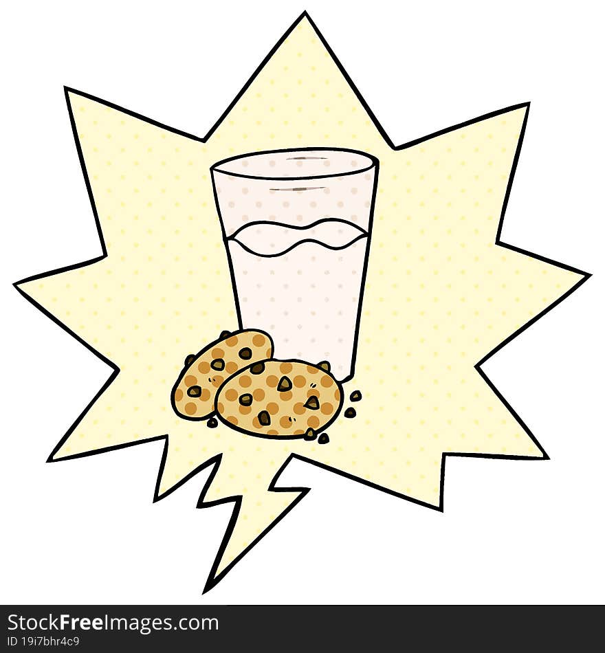 cartoon cookies and milk with speech bubble in comic book style