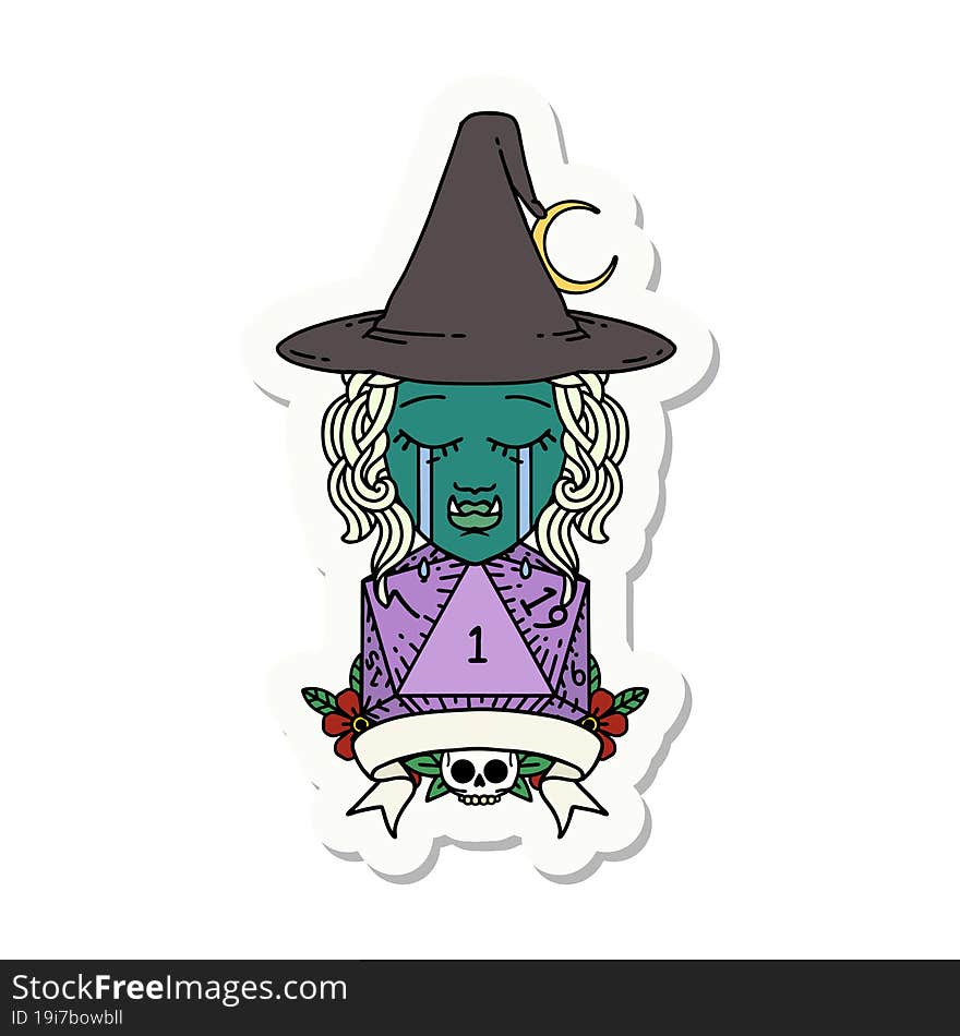 crying half orc witch character with natural one roll sticker